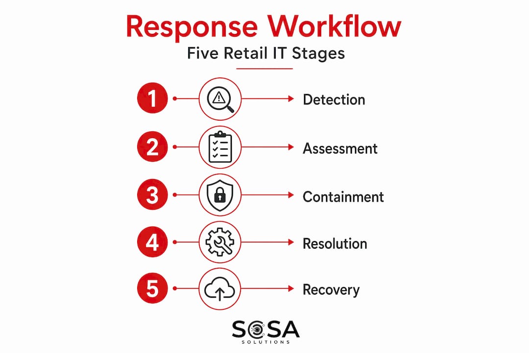 Infographic showing five stages of IT response workflow