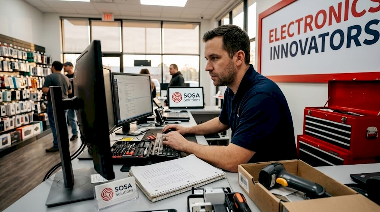 Retail IT support technician at cluttered workspace