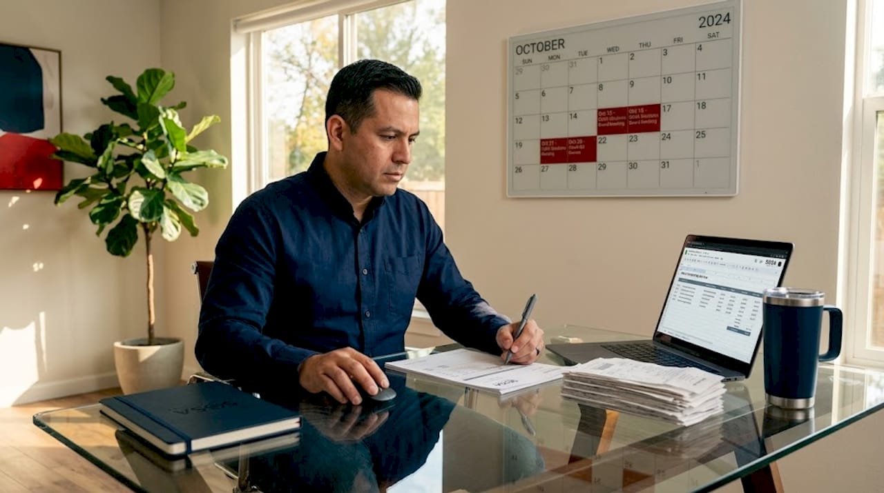 Small business owner reviewing IT expenses at kitchen table