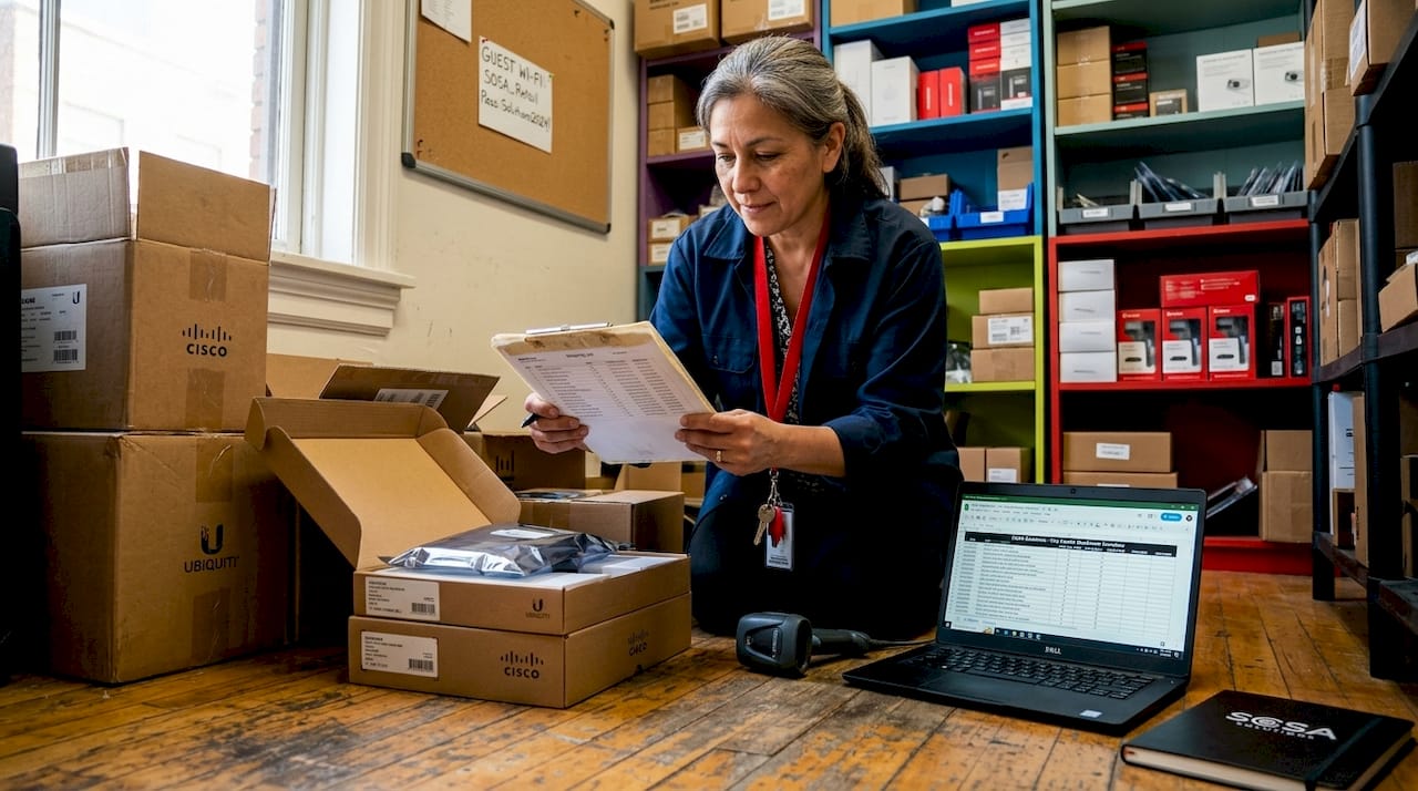 Retail manager checks IT hardware during expansion