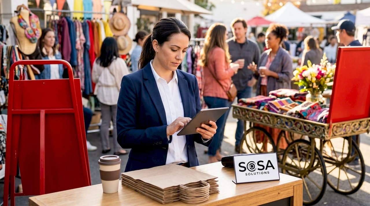 Retail manager checks inventory dashboard at front counter