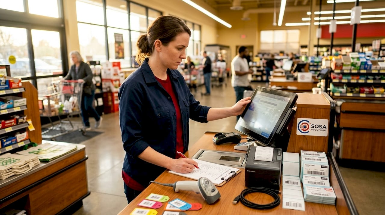 Technician troubleshooting retail technology setup
