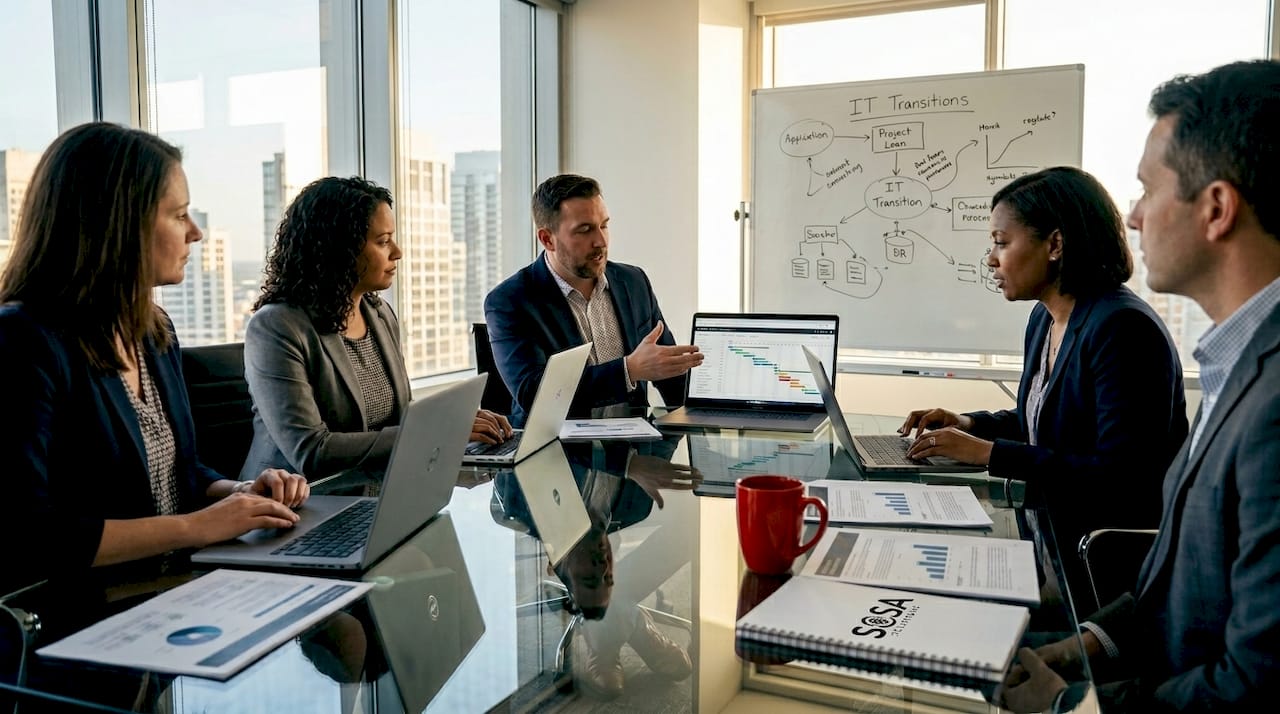 Team planning managed IT provider switch in conference room