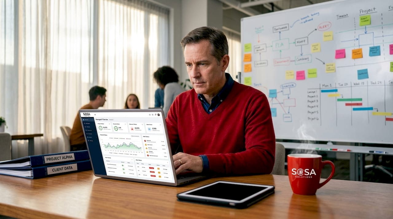 Small business owner reviewing IT support dashboard