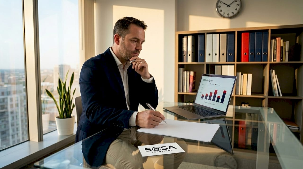Retail finance manager reviewing IT cost reports