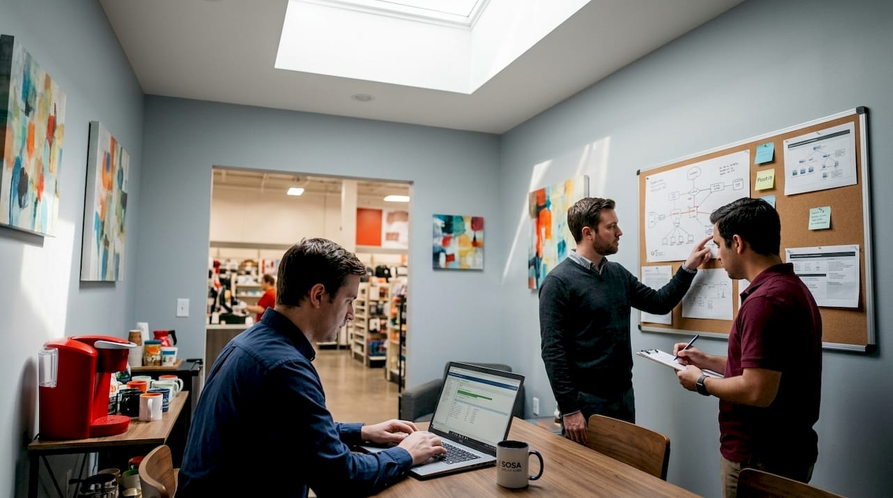 IT support team working in retail store back office