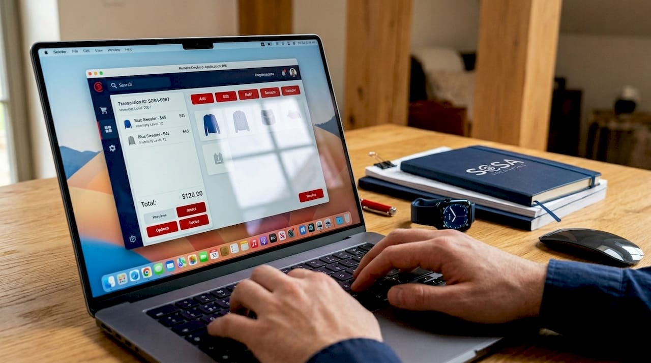 Hands using laptop with remote POS system interface