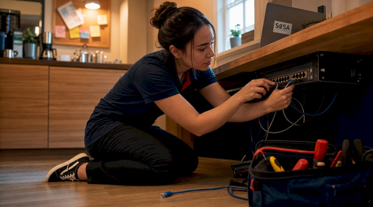 IT specialist fixing network hardware in office
