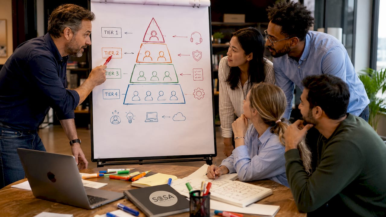 Team discussing tiered IT support flowchart in meeting room