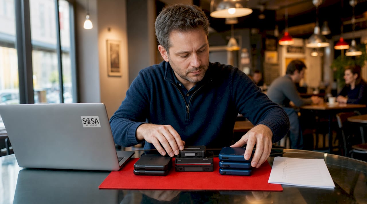 Hands arranging retail backup media on table