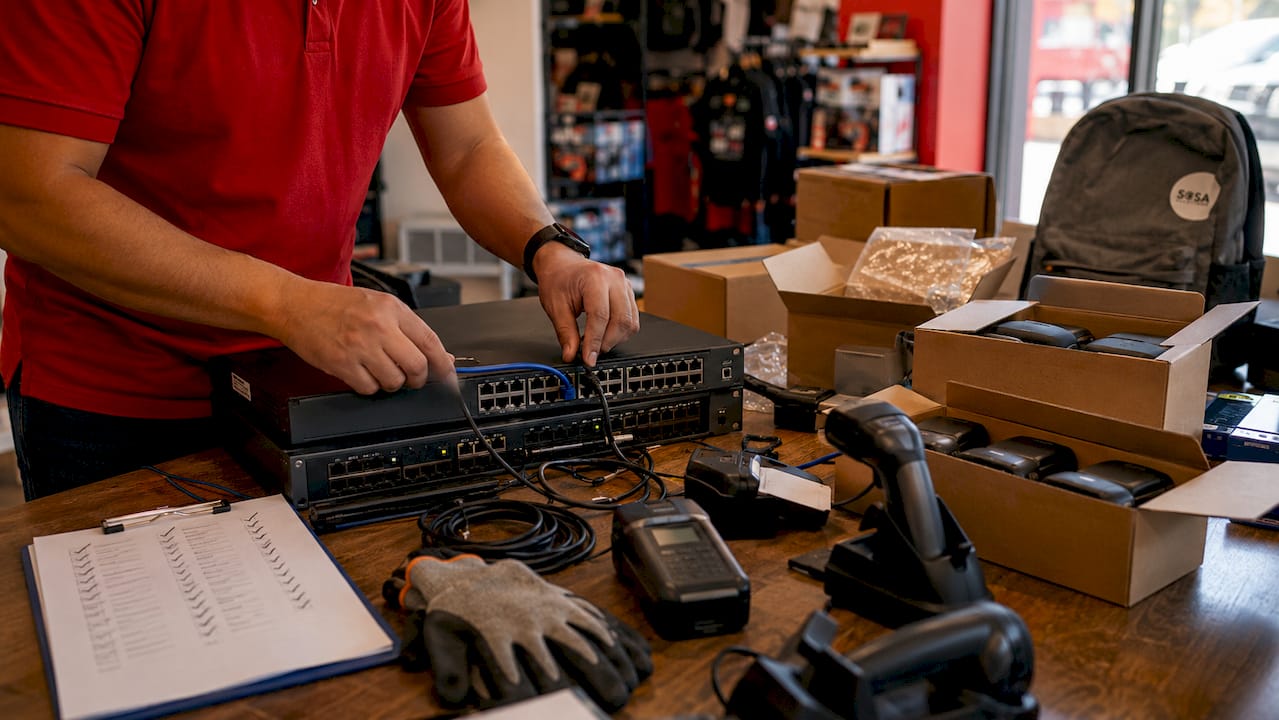Top view of technician arranging retail IT hardware