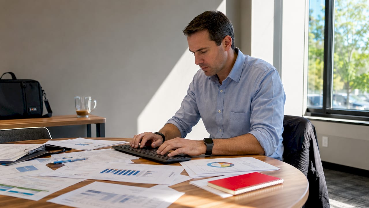 IT manager typing with cost reports nearby