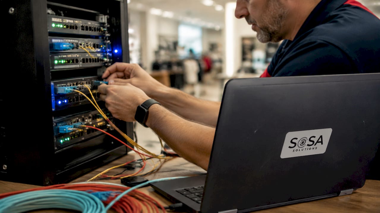 Technician connecting retail network hardware