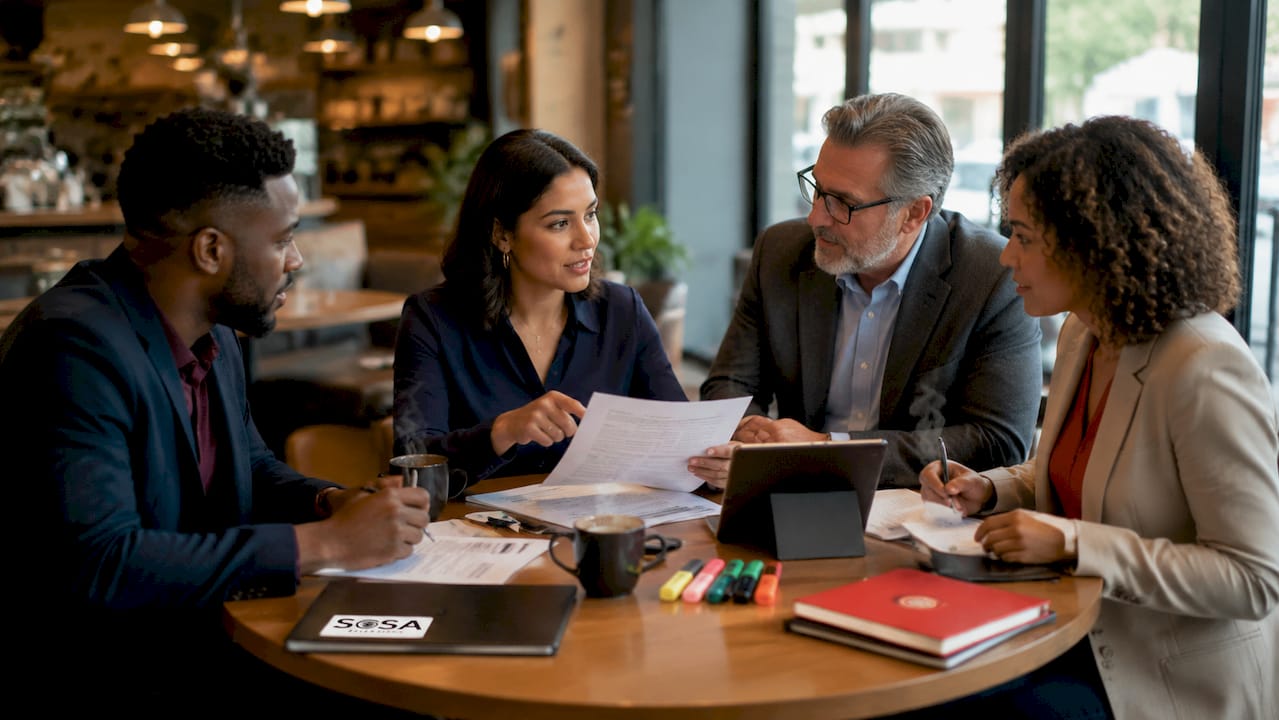 Hands exchanging regulatory IT documents in meeting