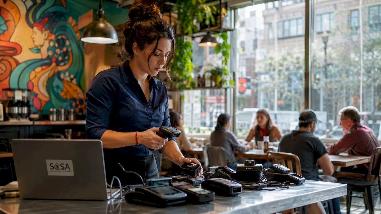 IT manager tagging retail devices in store office