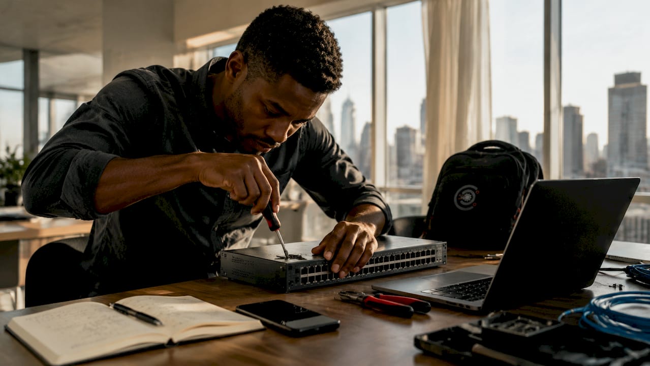 IT specialist working on networking hardware