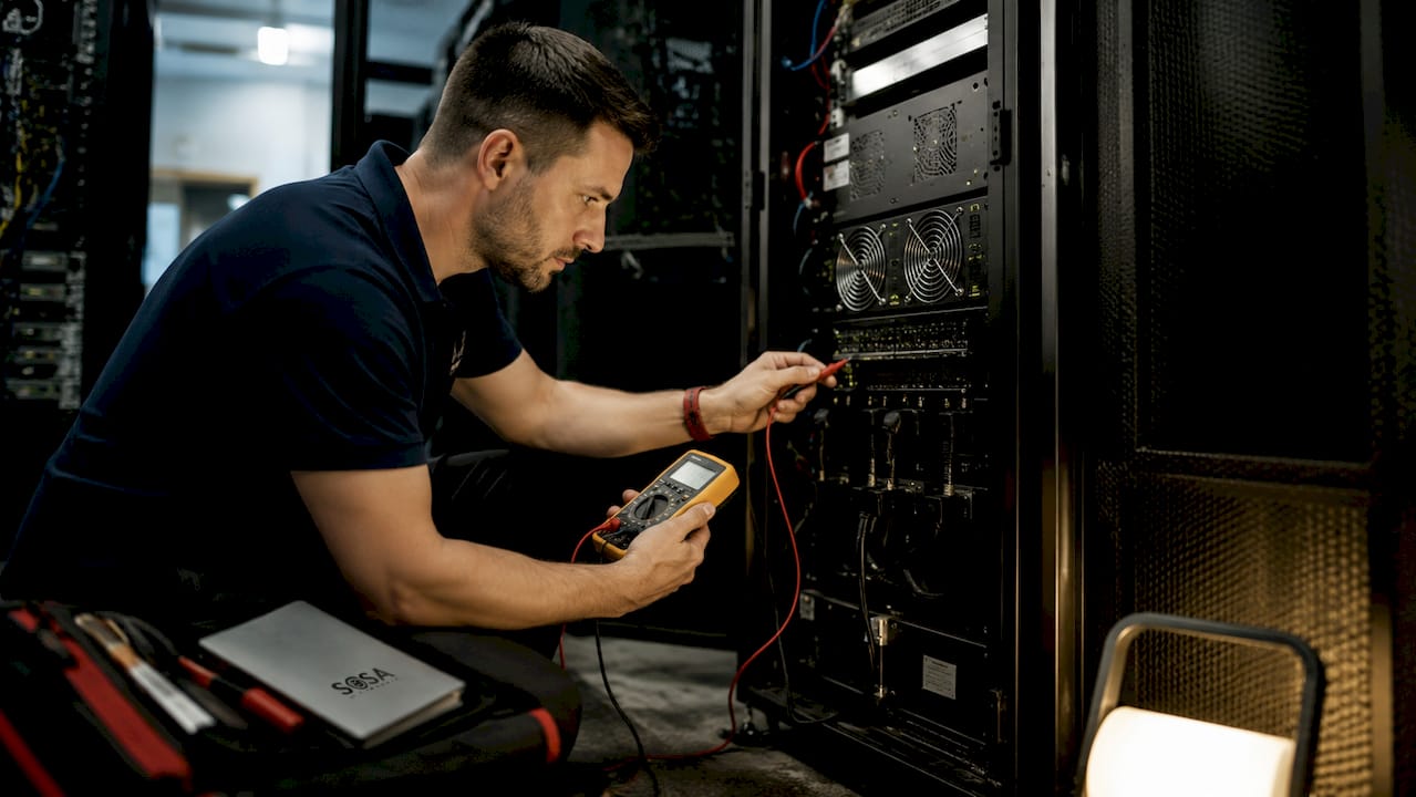 Technician checking UPS device in retail server room