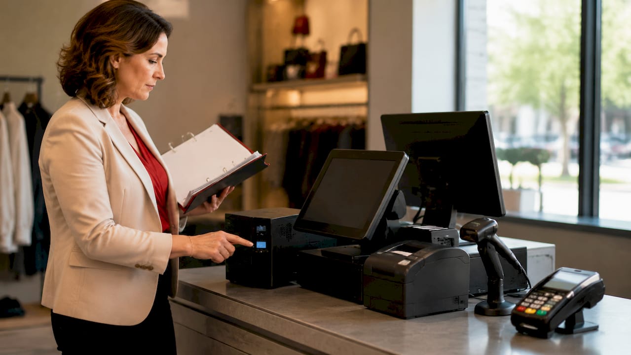 Retail manager checking UPS at POS station