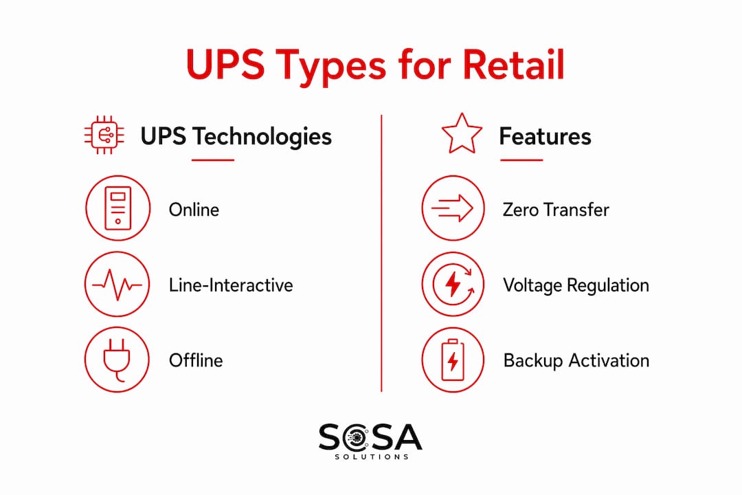 Infographic comparing UPS types and features for retail IT