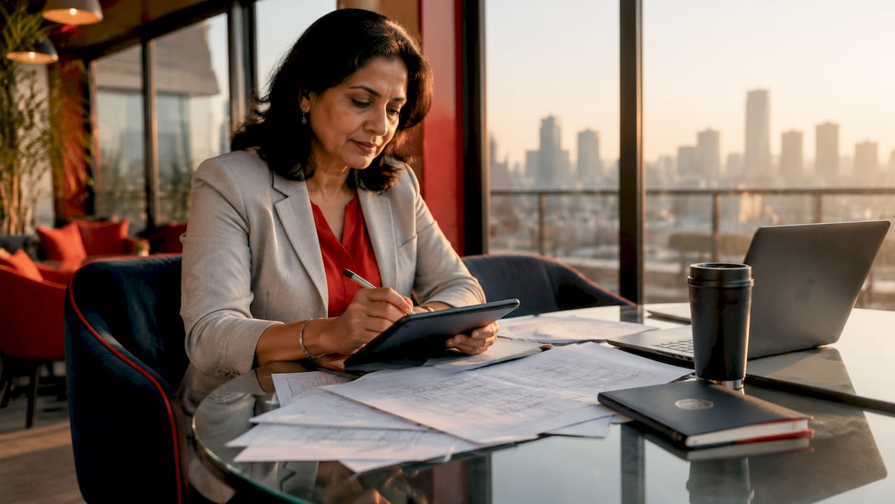 Retail IT project manager reviewing plans at conference table
