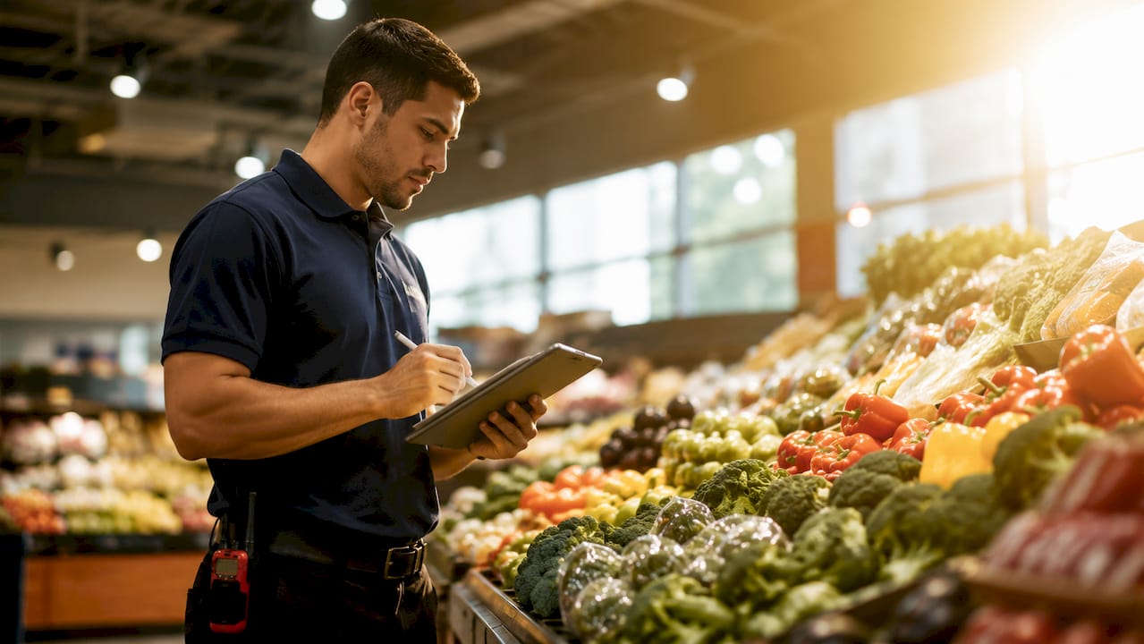 Retail staff member using digital clipboard for auditing