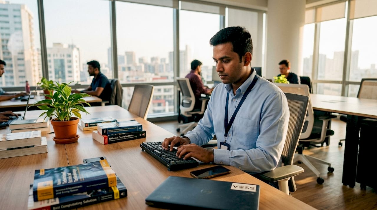 Hands typing automation workflow in server room