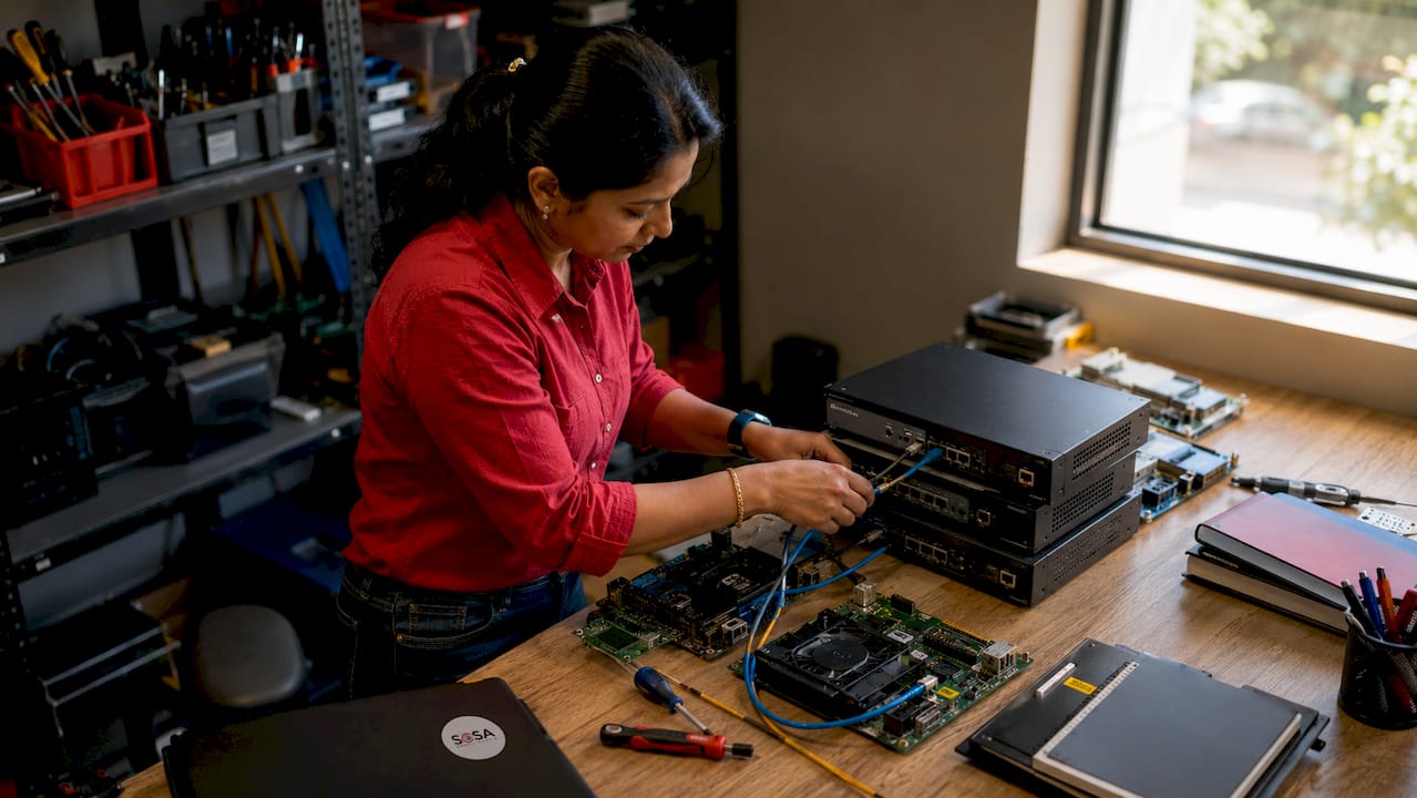 Technician preparing retail IT hardware setup
