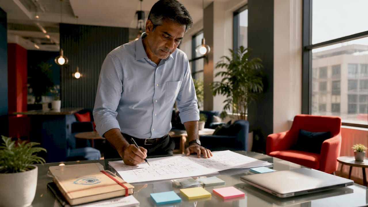 IT manager reviewing network diagrams in office
