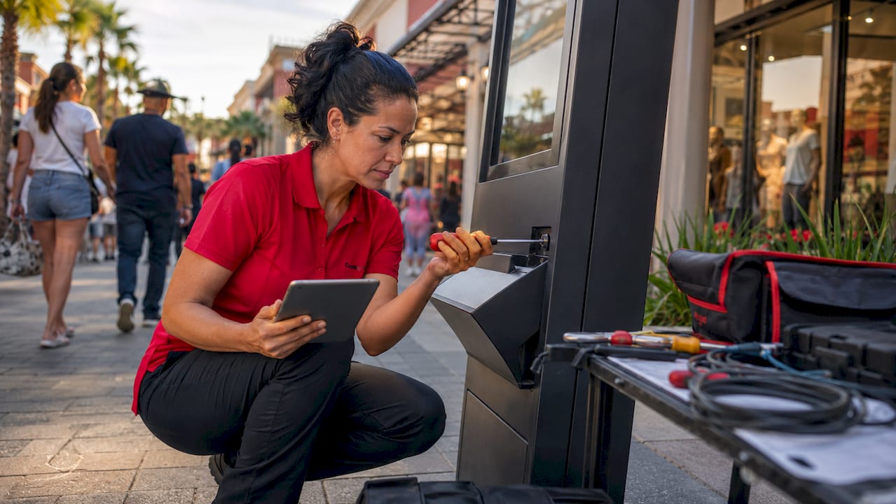 Technician installing retail kiosk system in store