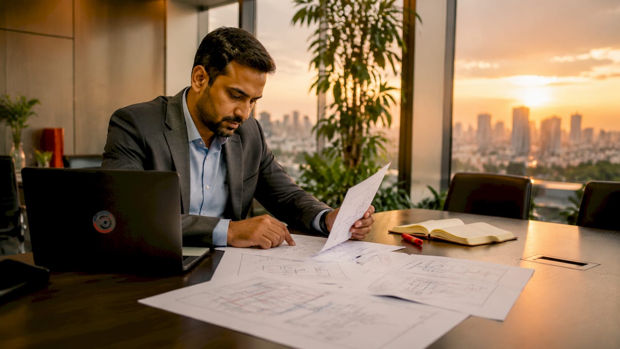 IT manager reviewing network diagrams at desk