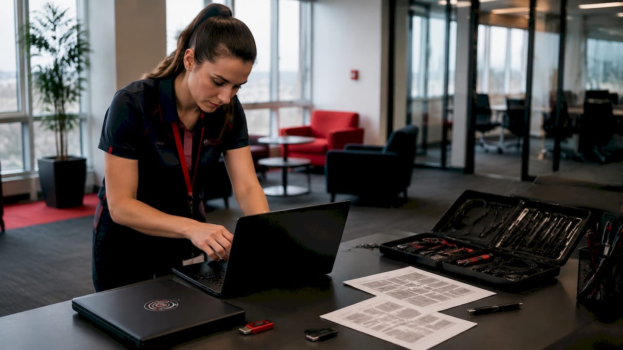 Technician installing RMM software on laptop