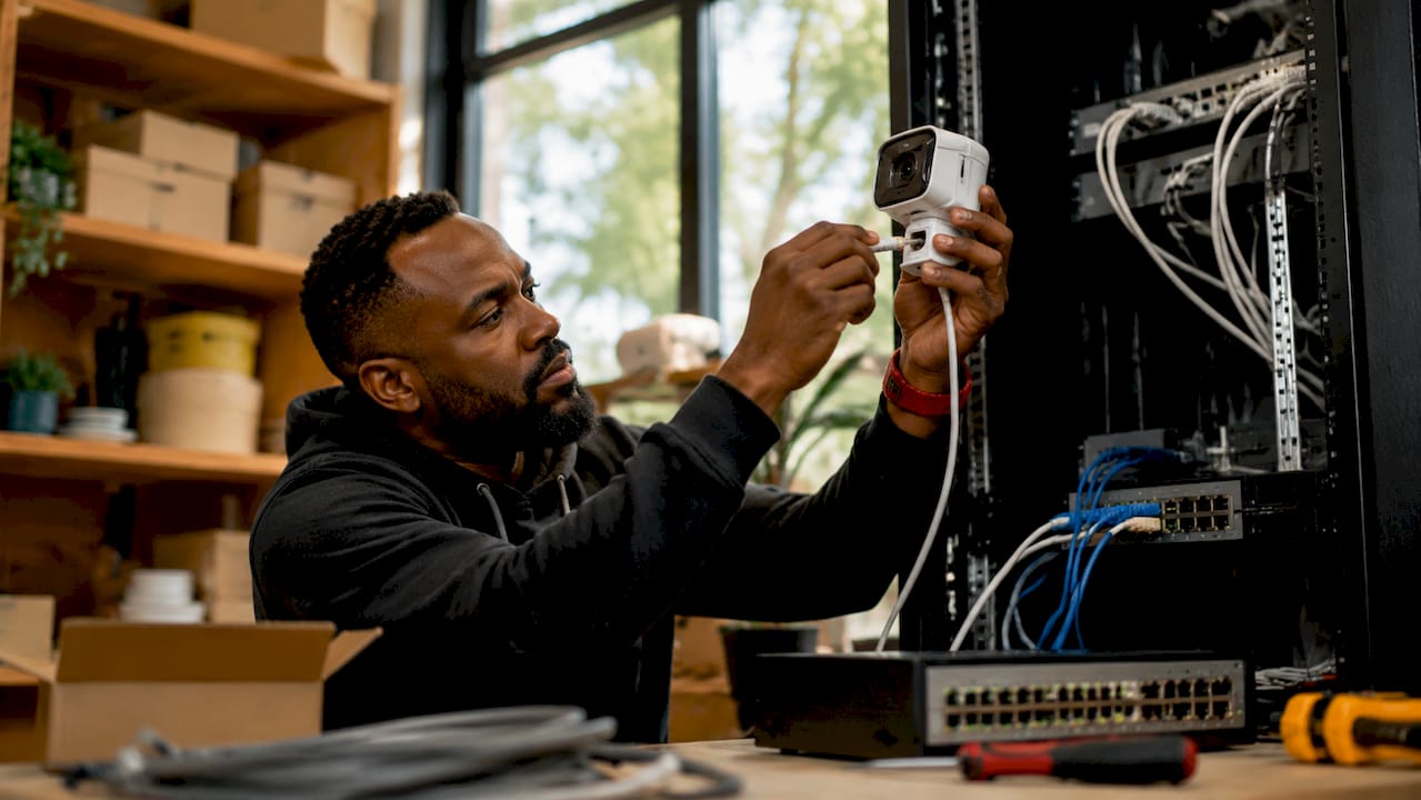 IT specialist installing retail surveillance cameras