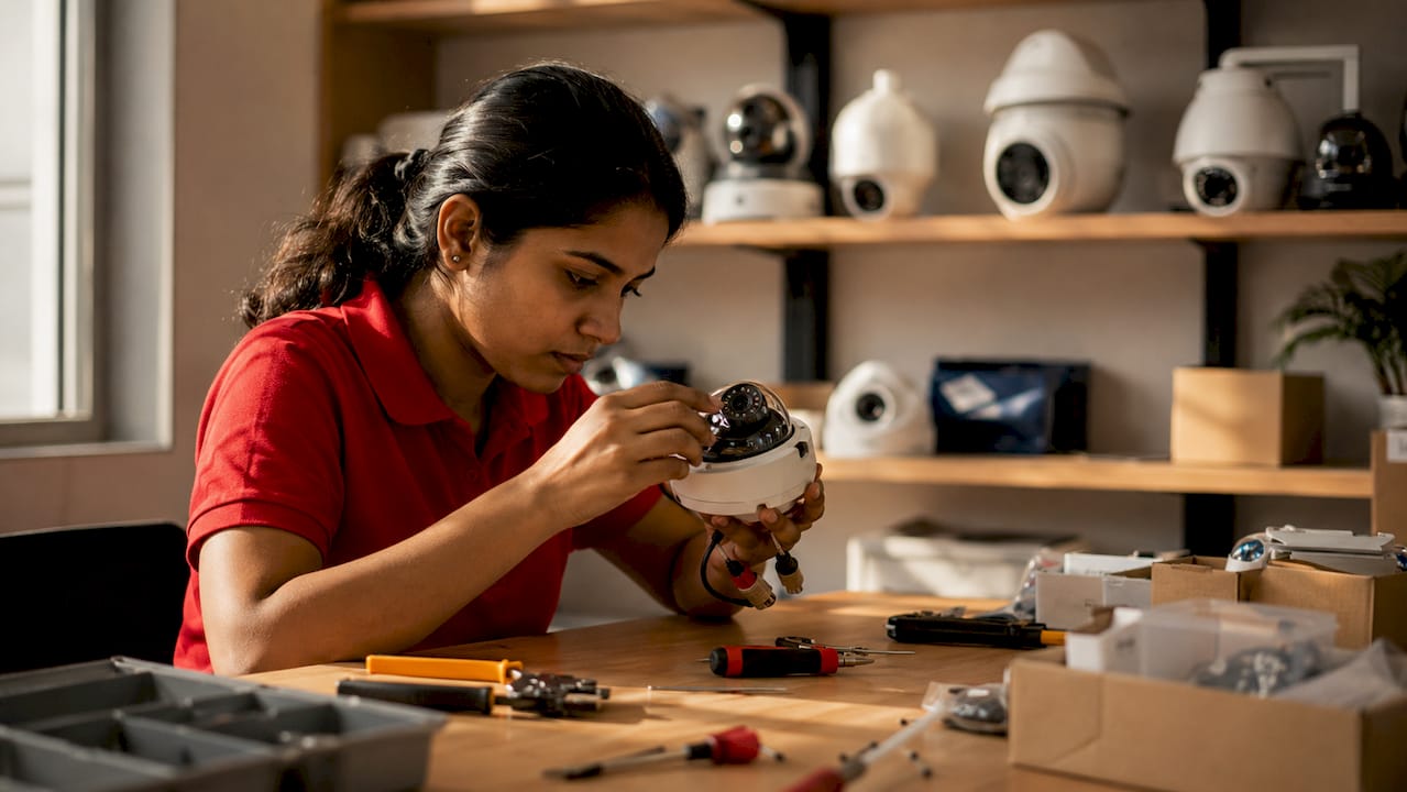 Technician testing dome security camera hardware