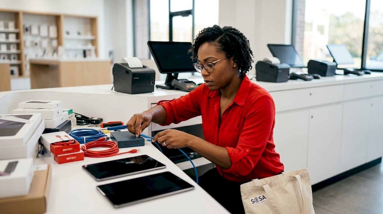 Technician setting up retail store IT equipment