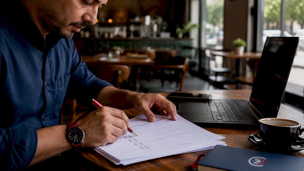 Hands ticking vendor requirements checklist on desk