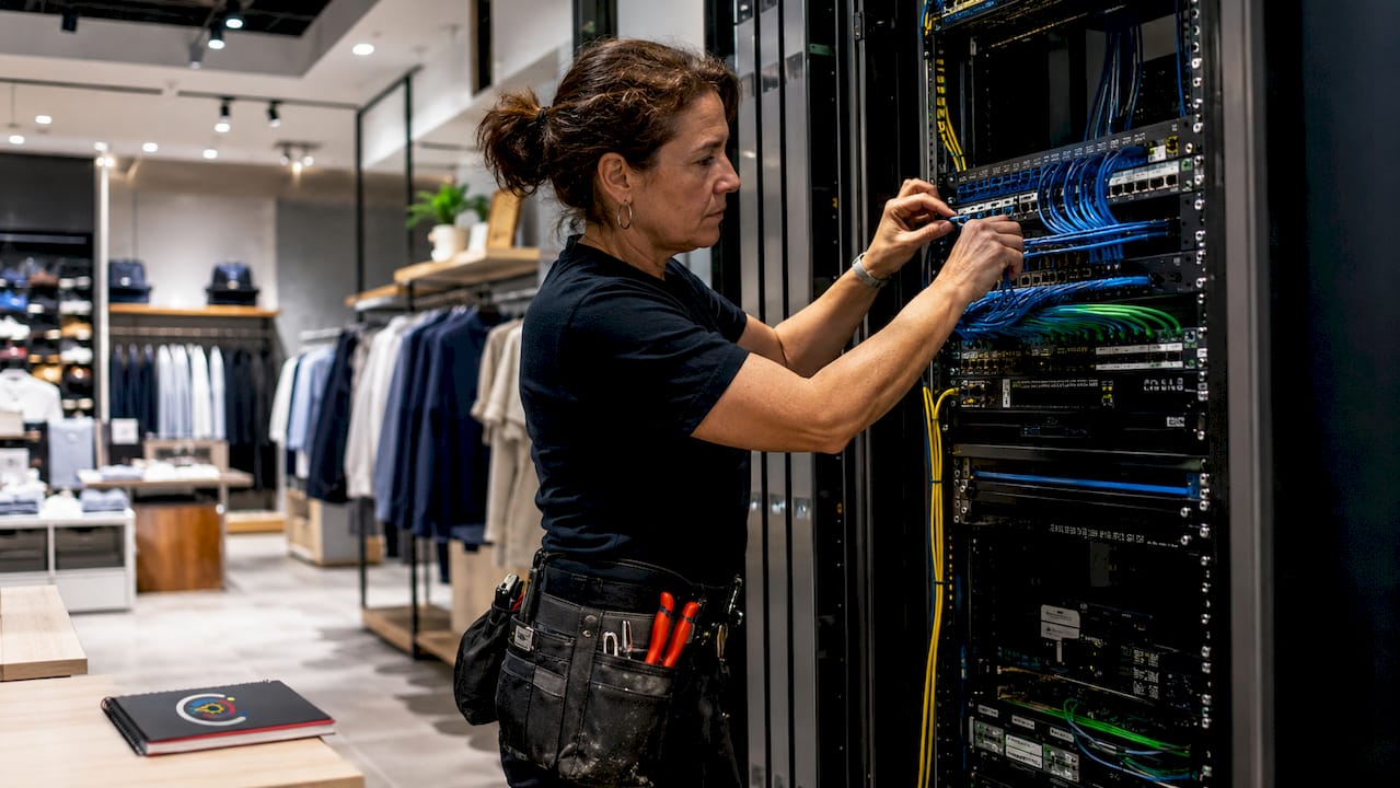 Technician installing retail store network cabling