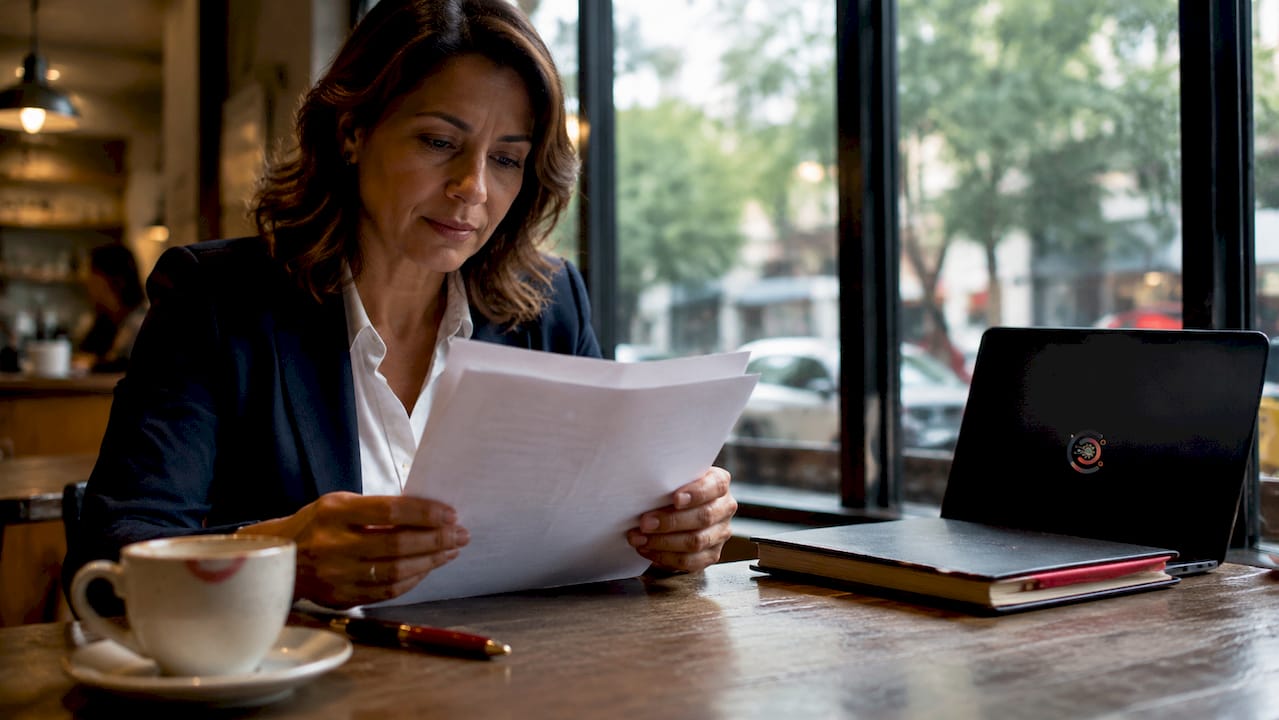 Businesswoman reviewing IT service agreement contract