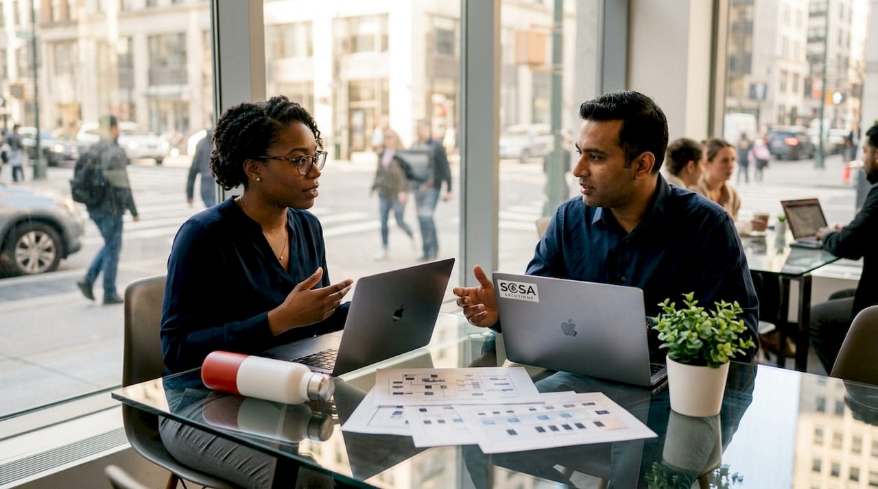 Two retail IT managers discussing server environments