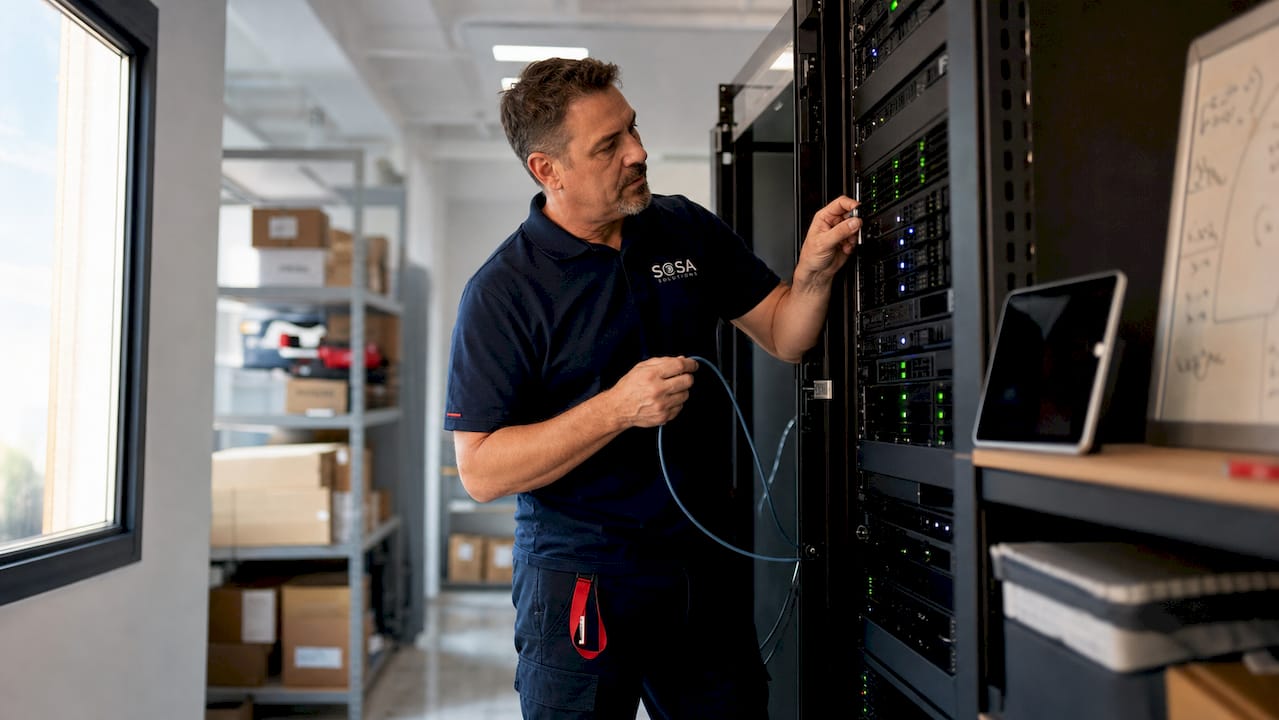 IT technician inspecting retail store server rack