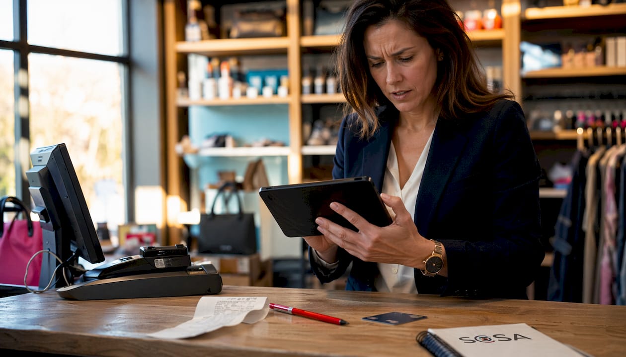 Hands typing on POS tablet during failure