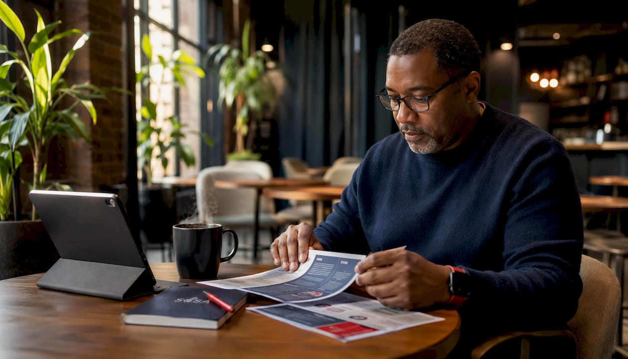 Man comparing managed IT service brochures