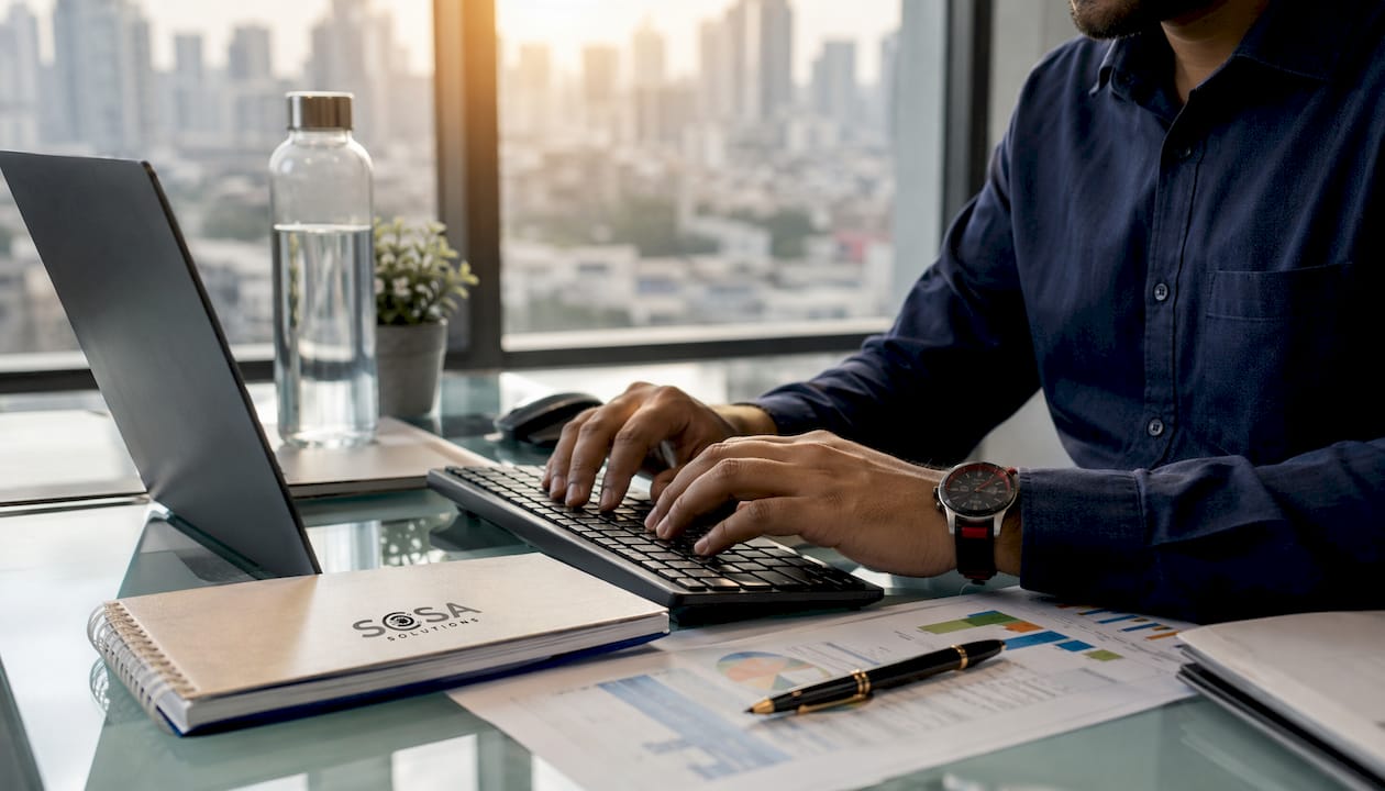 Close-up of IT specialist typing at SLA monitoring workstation