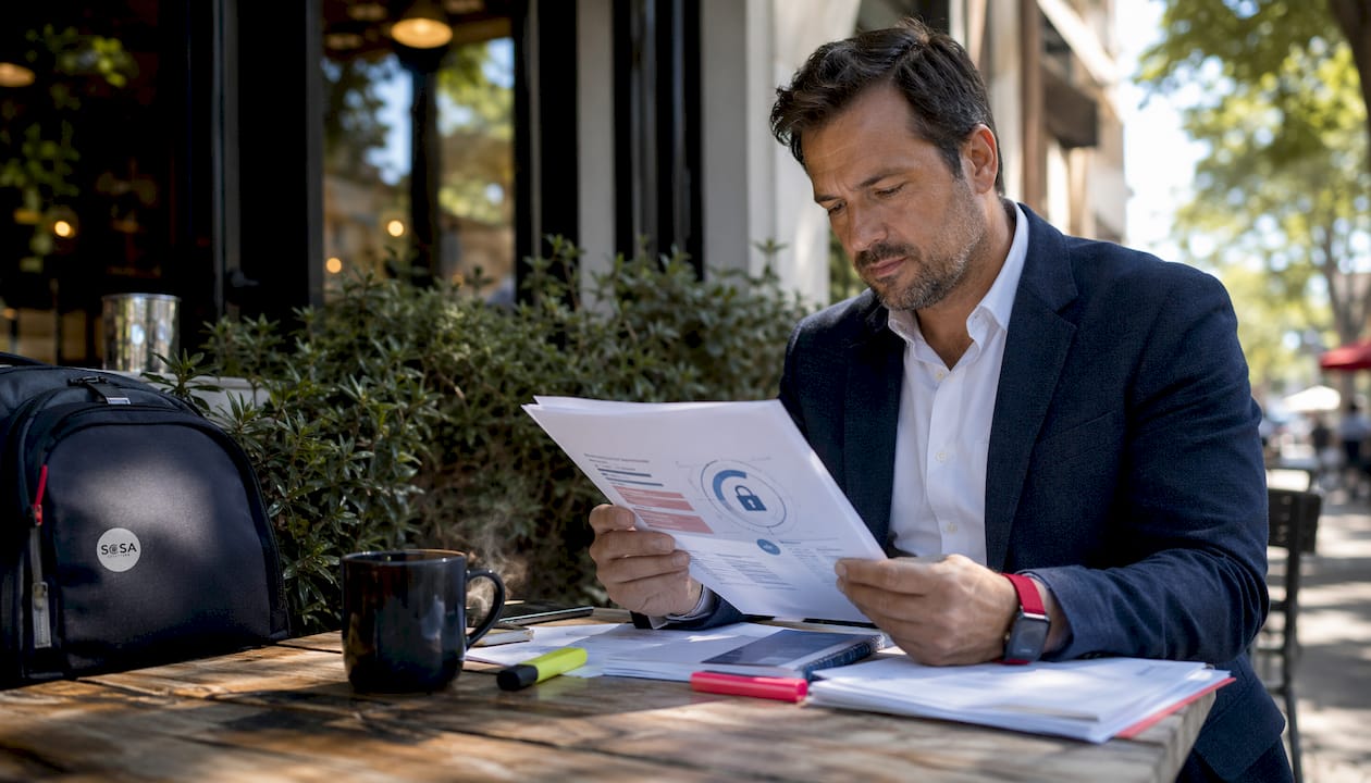 Retail manager reviewing cybersecurity guidelines