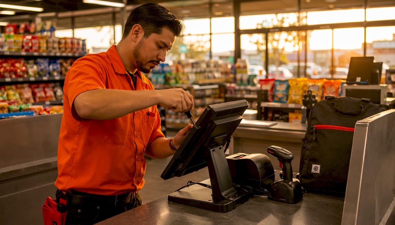 Close-up hands installing POS terminal