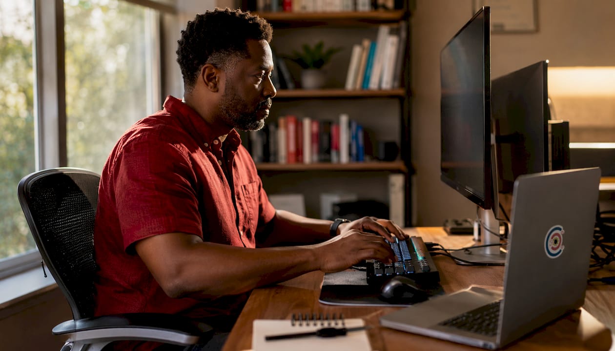 Engineer typing at triple monitor setup