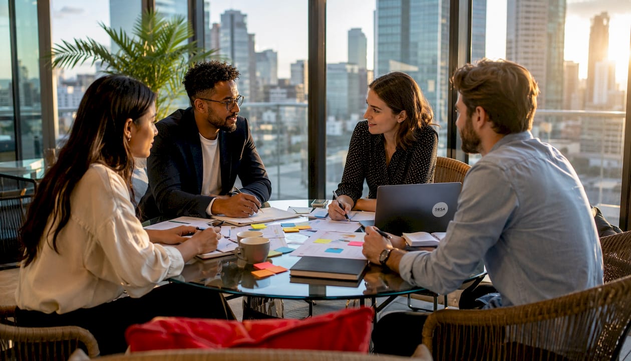 Team meeting around laptop in bright office