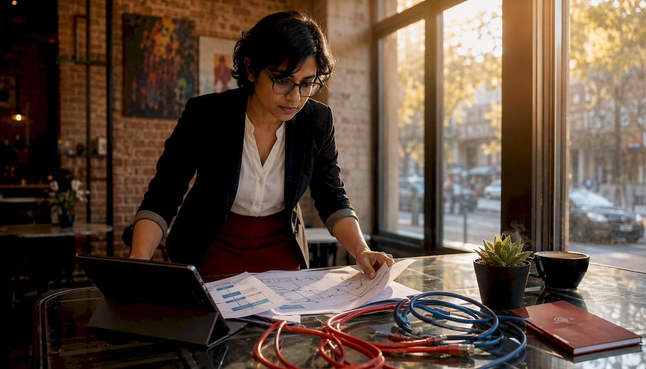 IT manager reviewing retail network setup plans