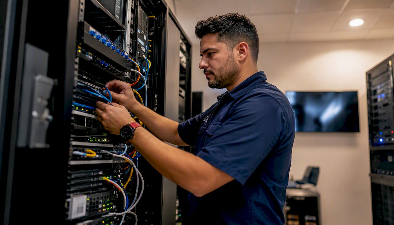 Technician adjusting retail store server cables