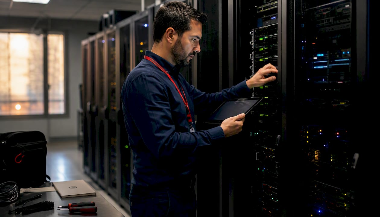 Technician inspecting server racks in server room