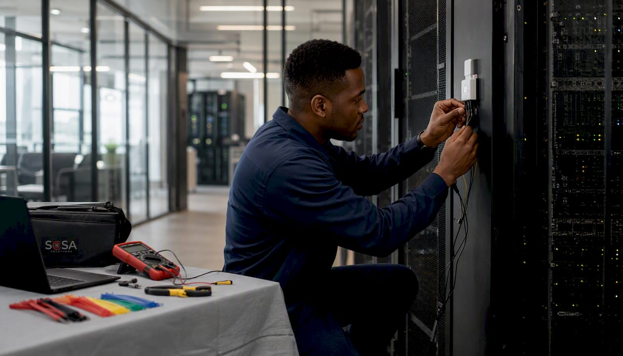 Hands adjusting temperature sensor on server rack